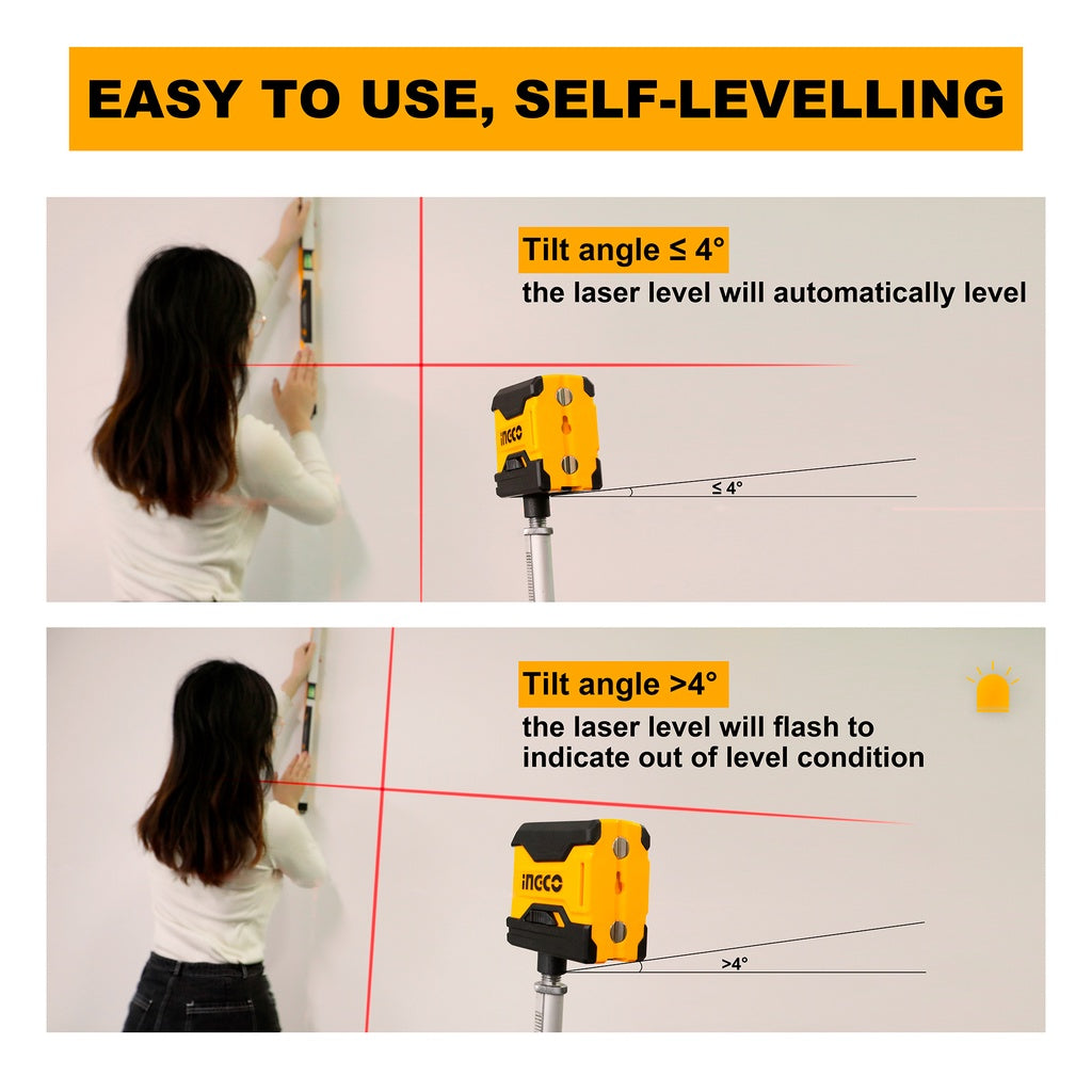 INGCO 50 Feet Horizontal and Vertical Cross-Line Laser Level Self-Leveling HLL156508