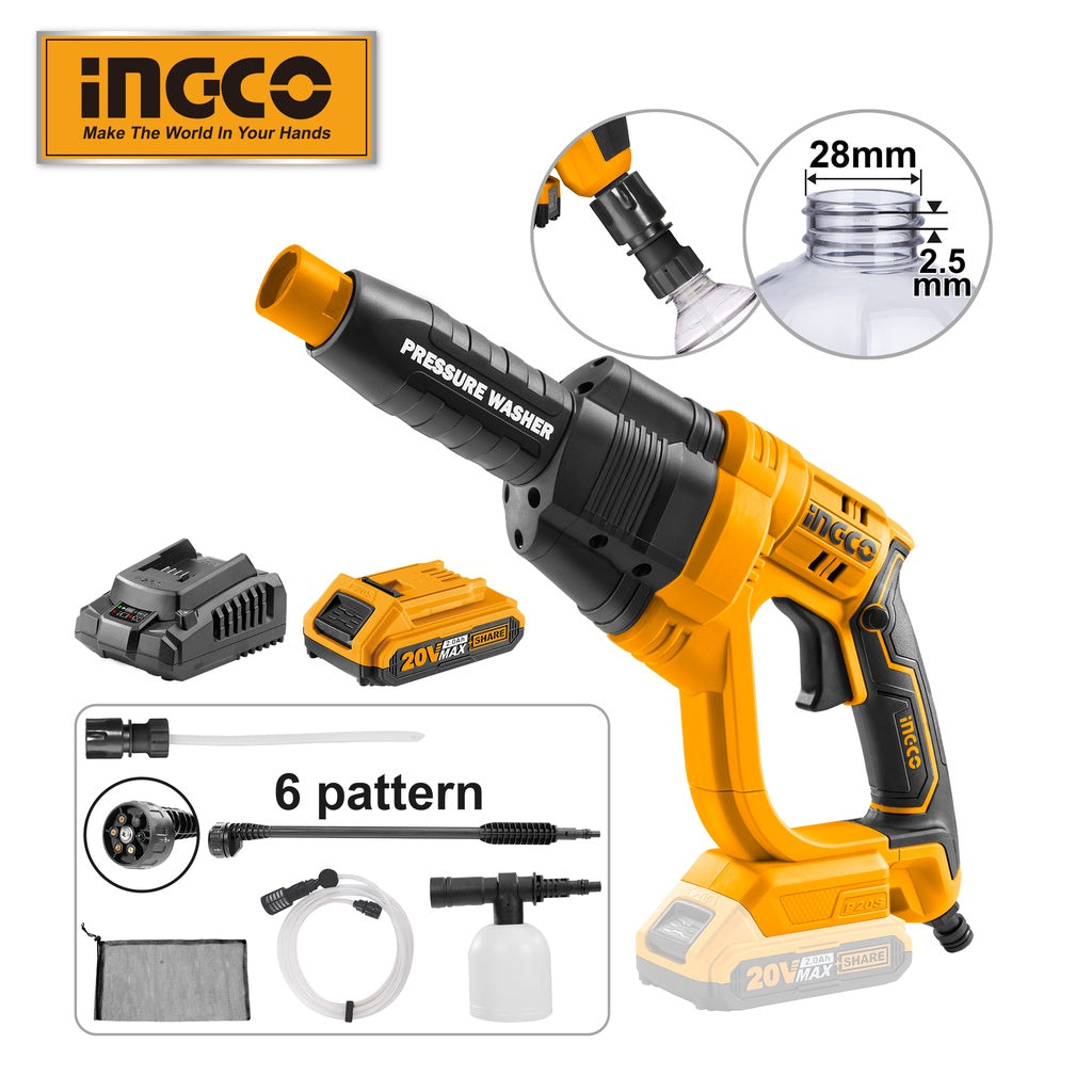 INGCO P20S Cordless Lithium-Ion Pressure Washer with 6-pattern spray gun, battery and charger included CPWLI20082