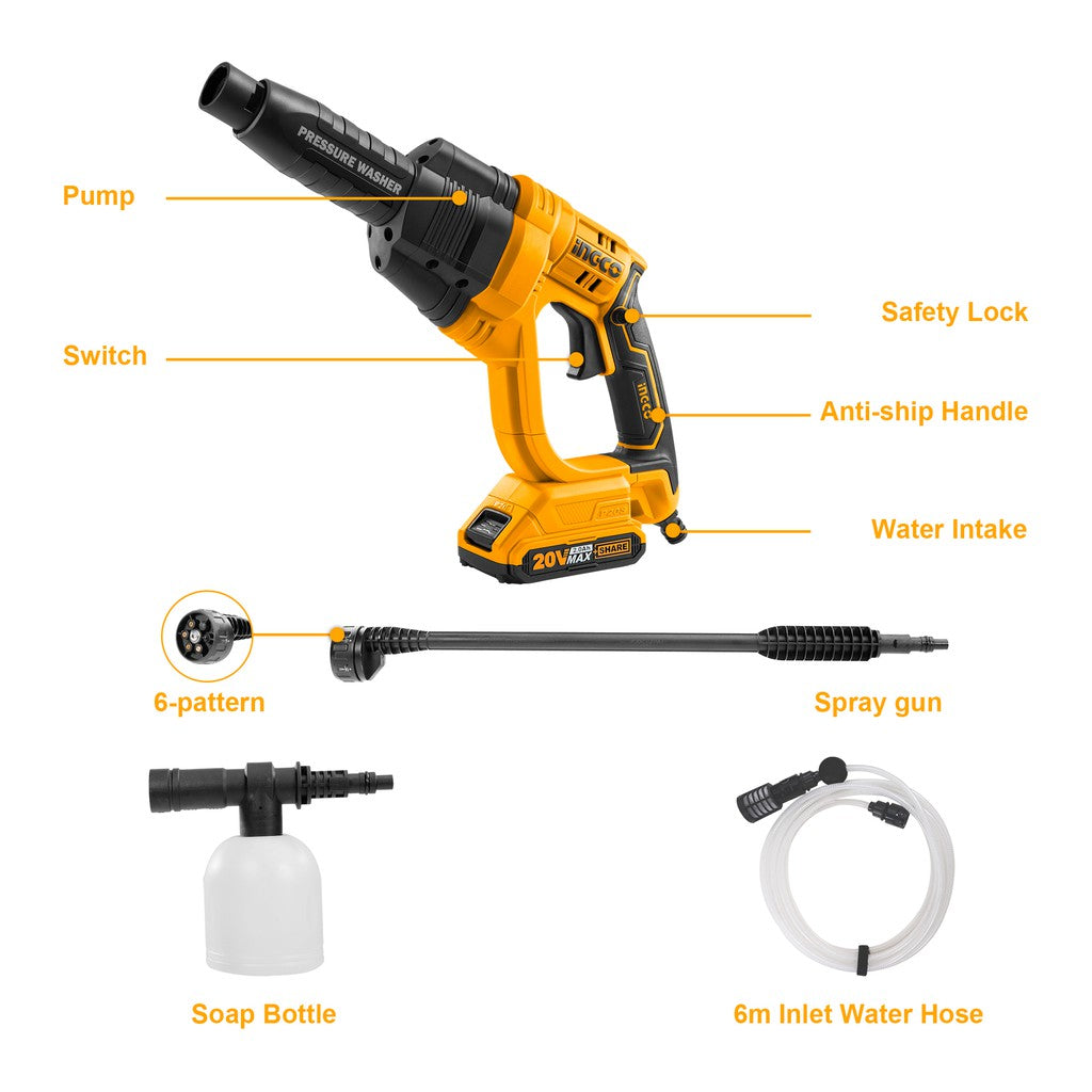 INGCO P20S Cordless Lithium-Ion Pressure Washer with 6-pattern spray gun, battery and charger included CPWLI20082