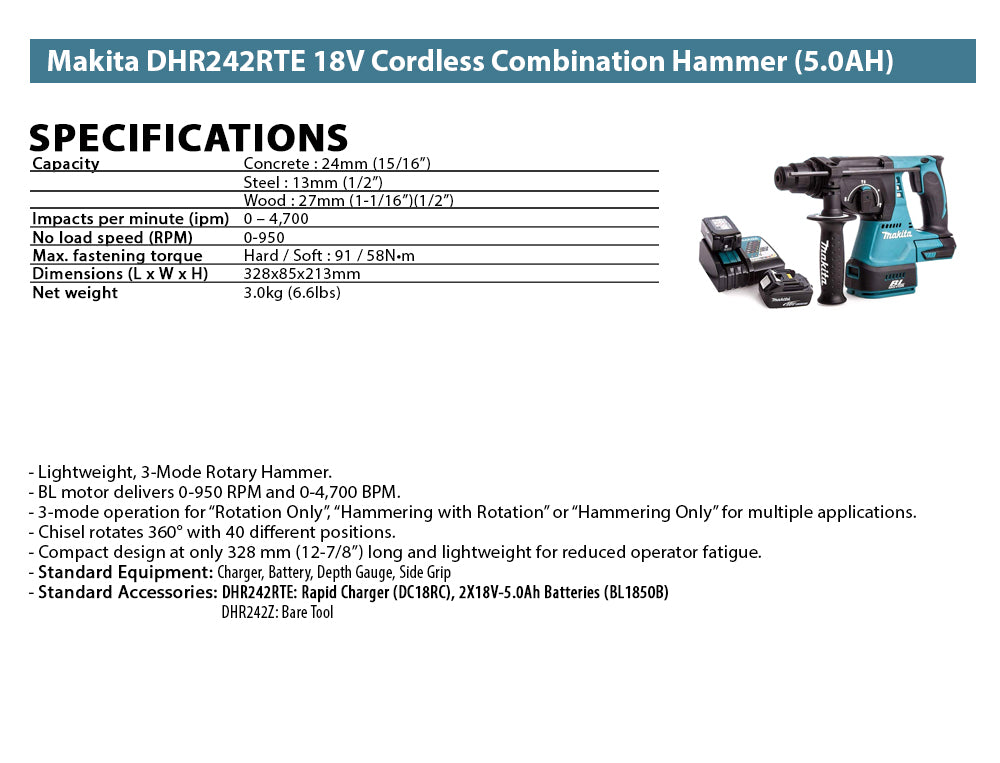 Makita DHR242RTE 18V Cordless Combination Hammer (5.0AH)