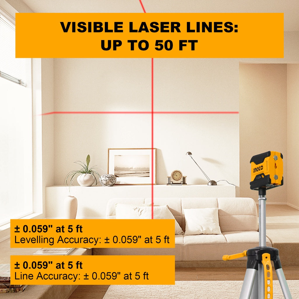 INGCO 50 Feet Horizontal and Vertical Cross-Line Laser Level Self-Leveling HLL156508