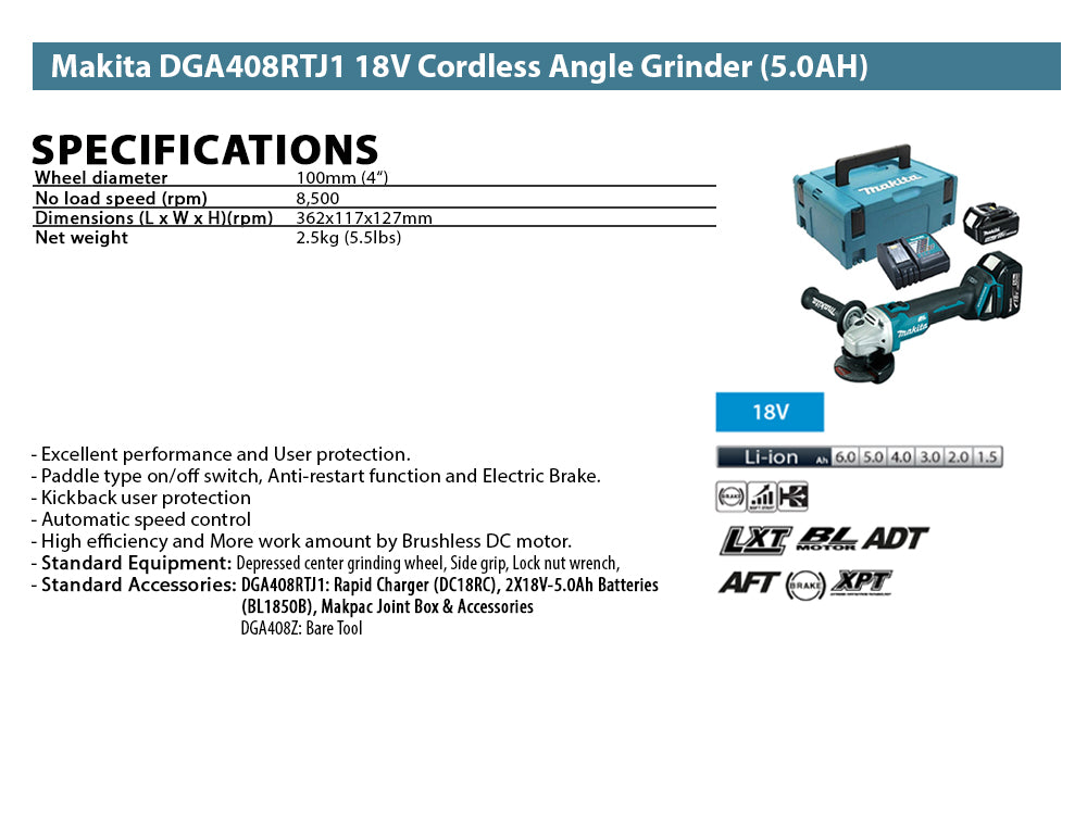 Makita DGA408RTJ1 18V Cordless Angle Grinder (5.0AH) 4"