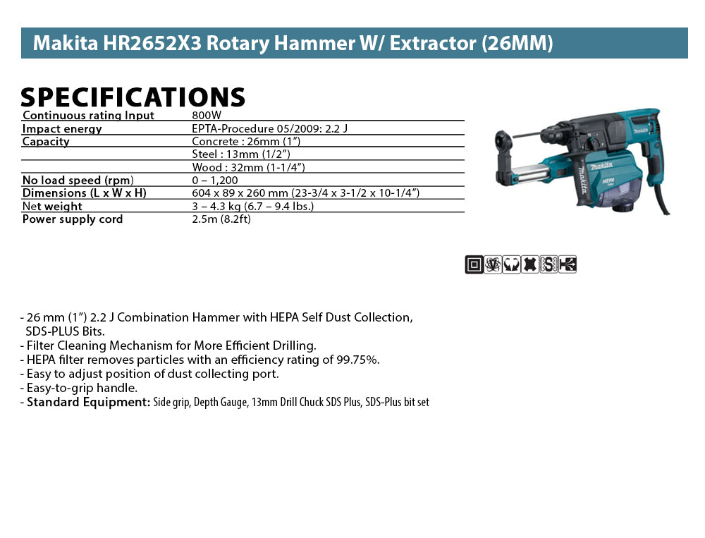 Makita HR2652X3 Rotary Hammer W/ Extractor (26MM)