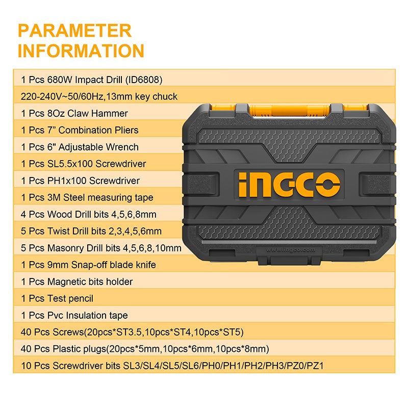 INGCO 115Pcs Tools Set with Impact Drill, Screwdriver Bits, Socket Set, Screw Drivers, Adjustable Wrench HKTHP11151