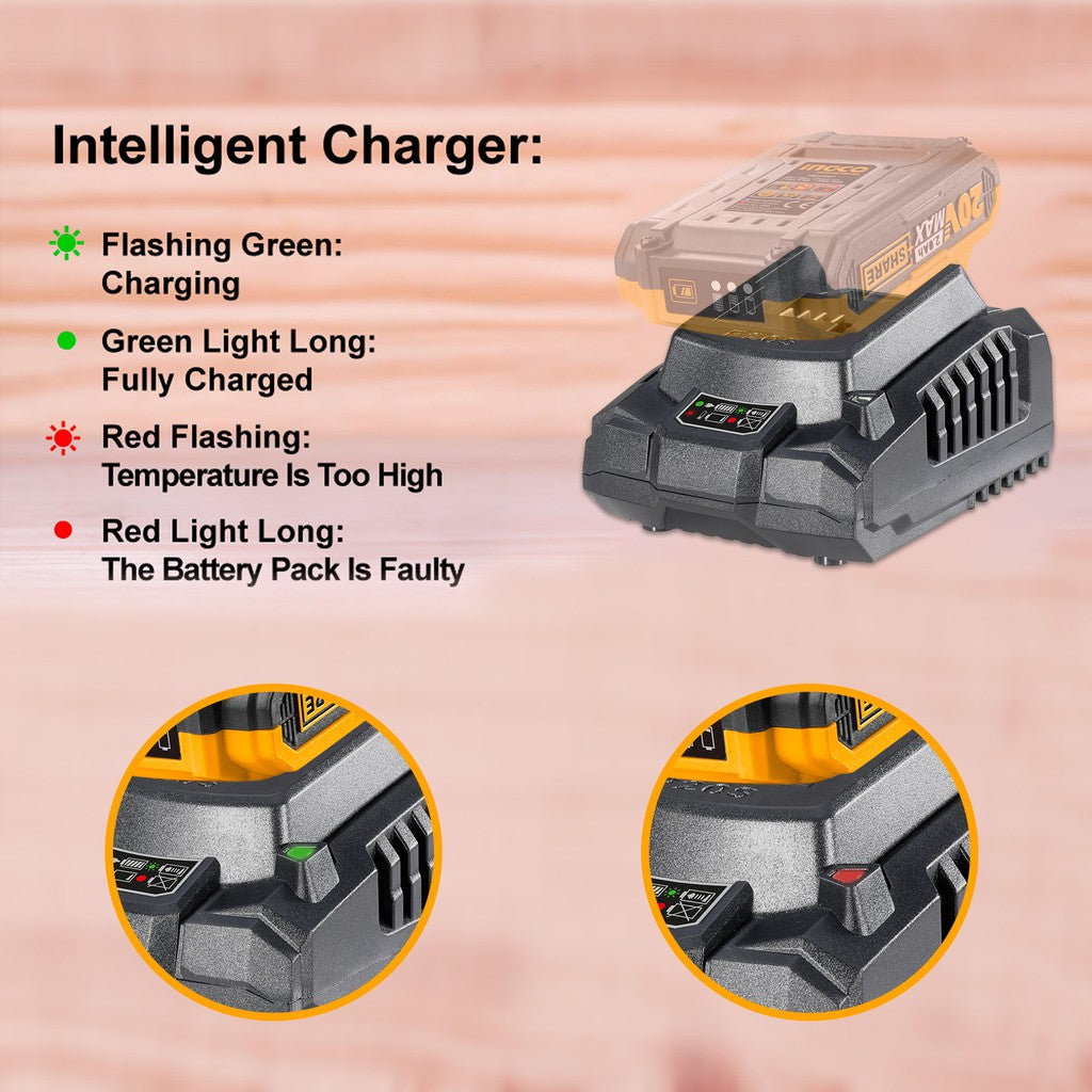 INGCO Tools 20V Fast Intelligent Charger FCLI2001 for P20S Power Tools FCLI2001