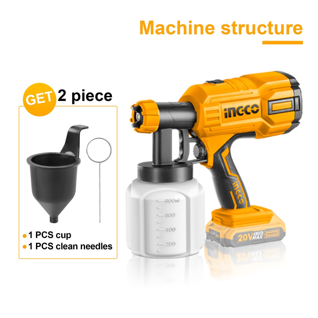 INGCO 20V Lithium-Ion Spray Gun with 1 Pcs Viscosity Measuring Cup and 1Pcs Nozzle Cleaning Needle (Bare Unit) CSGLI2001