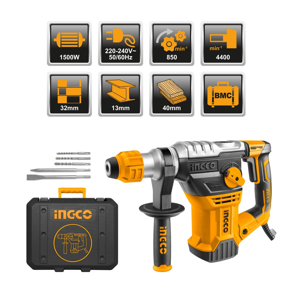 INGCO Rotary Hammer With 3 Drill Bits and 2 Chisels RH150068