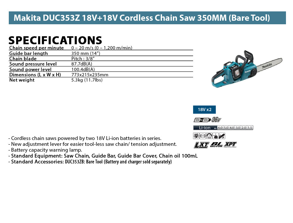 Makita DUC353Z 18V+18V Cordless Brushless Chain Saw 350MM (Bare Tool)