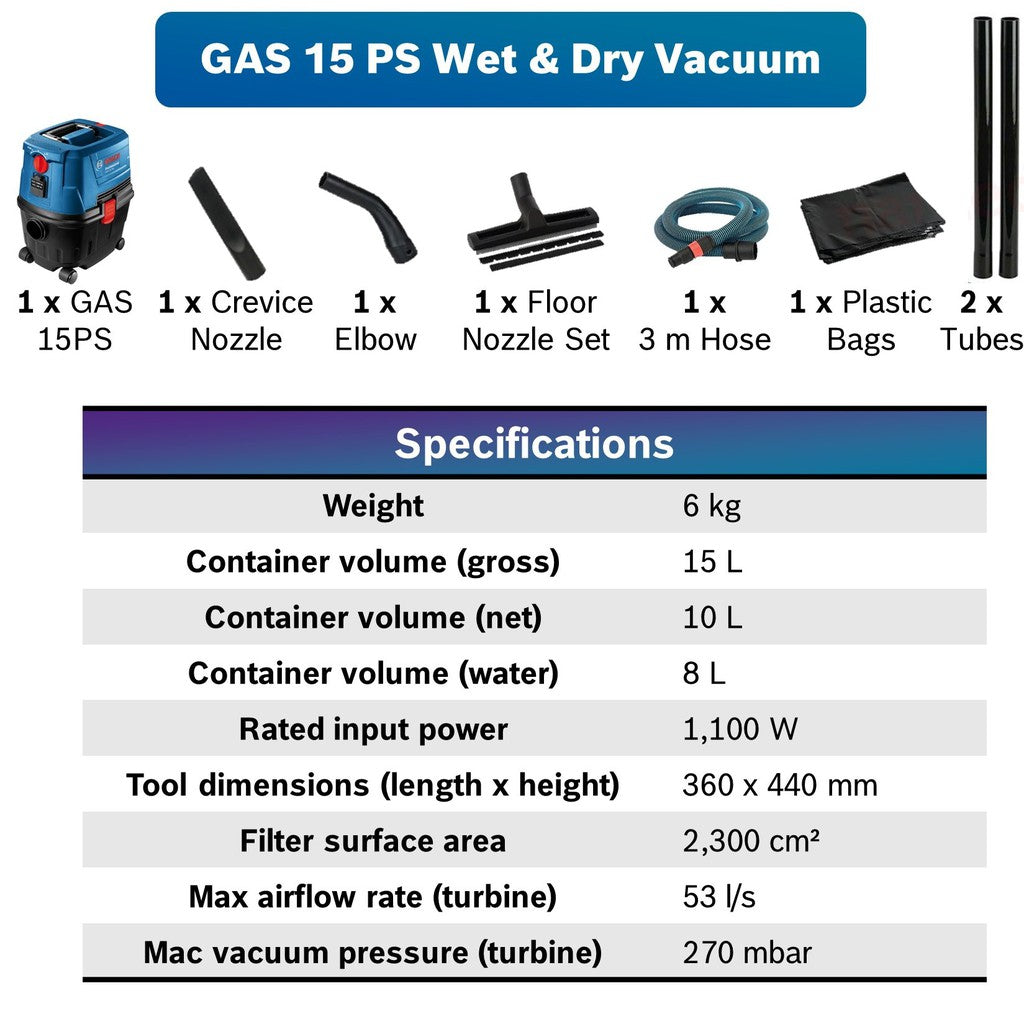 Bosch GAS 15 PS Wet & Dry Vacuum Cleaner with HEPA filter