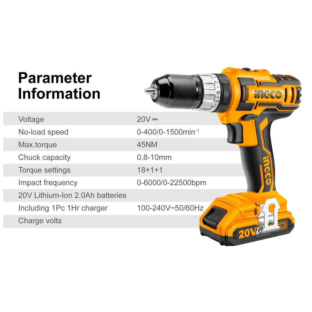 INGCO P20S 20V 2.0Ah Lithium-Ion Impact Drill with 2pcs Battery Pack, 1pc 1Hr Charger CIDLI2002