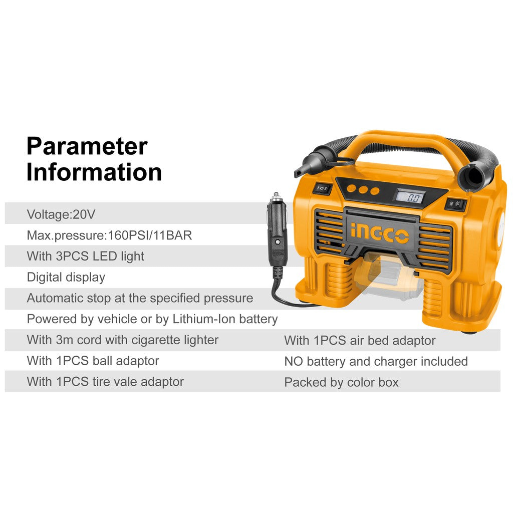 INGCO P20 20V Lithium-Ion Auto Air Compressor CACLI2002 (Bare Unit)