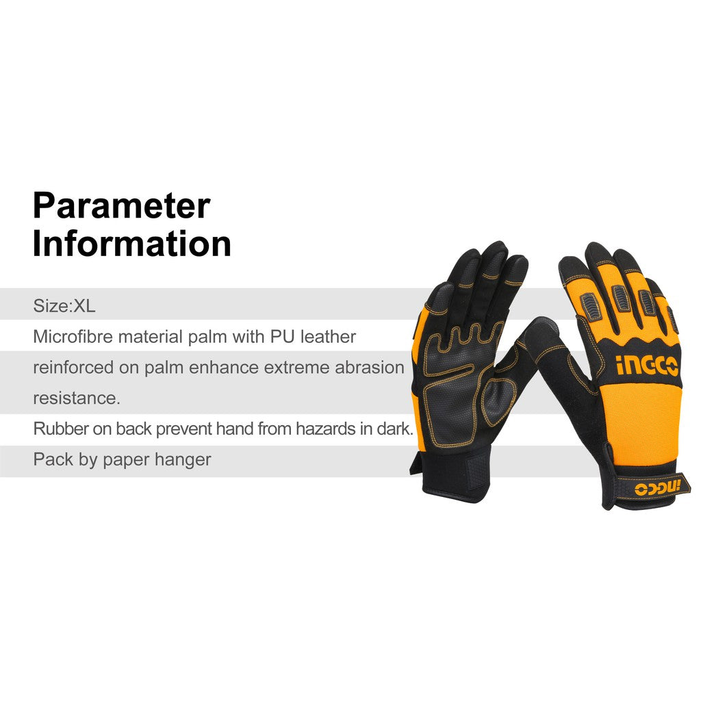 INGCO Abrasion Resistance Mechanic Gloves with Microfibre Material Palm and Rubber on back HGMG02-XL