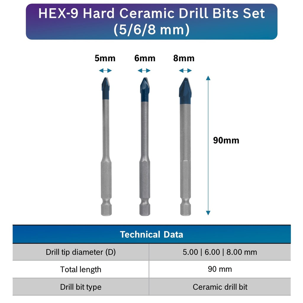 Bosch HEX-9 Hard Ceramic Drill Bits Set 3pcs 5/6/8mm