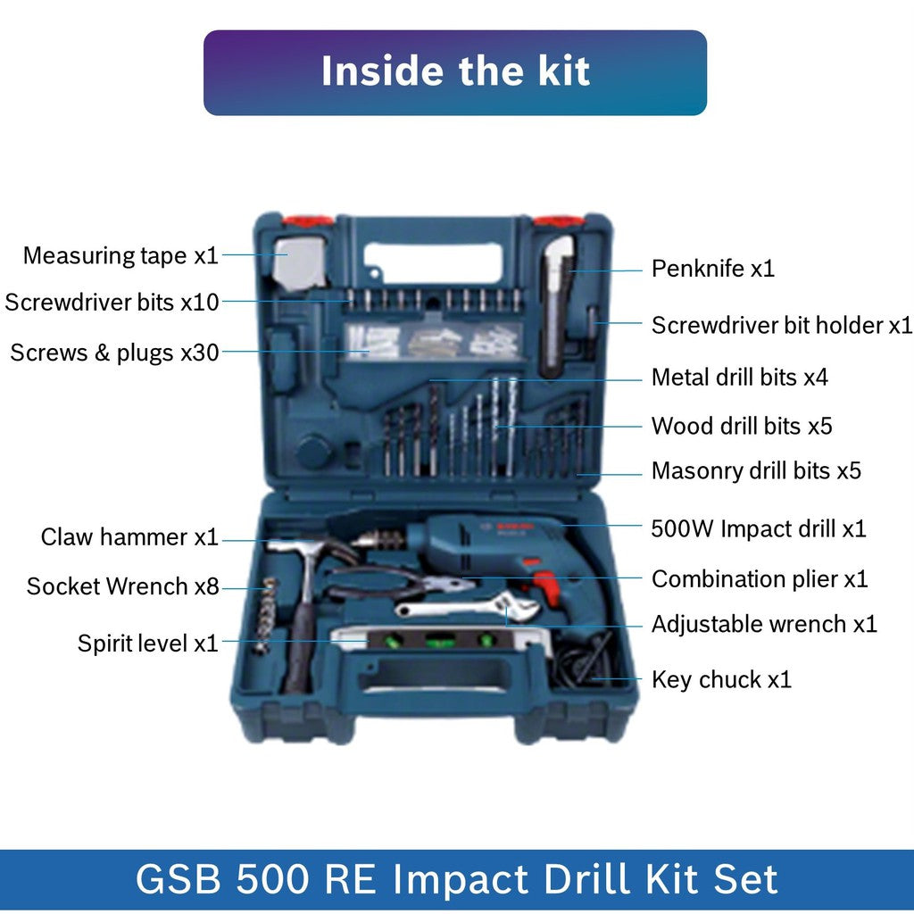 Bosch 500W GSB 500 RE Impact Drill w 100 pc Accessories & Carrying Case |  1 Year Local Warranty