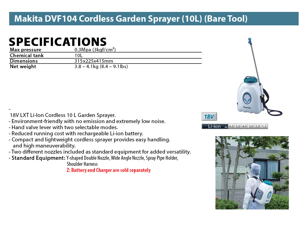 Makita DVF104 Cordless Garden Sprayer (10L)