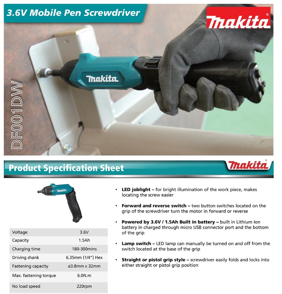 Makita DF001DW Cordless Screwdriver Kit (3.6V)