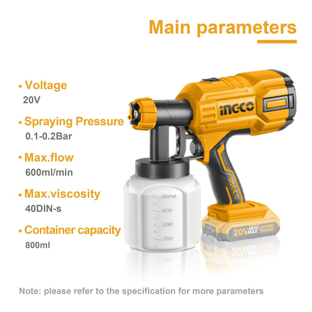 INGCO 20V Lithium-Ion Spray Gun with 1 Pcs Viscosity Measuring Cup and 1Pcs Nozzle Cleaning Needle (Bare Unit) CSGLI2001