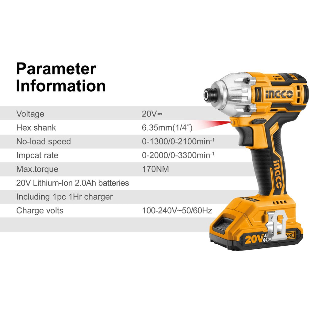 INGCO 20V Brushless Lithium-Ion Impact Driver with 2Pcs 2.0Ah Battery Pack 1Pcs Charger 1/4 Inch 170NM CIRLI2002