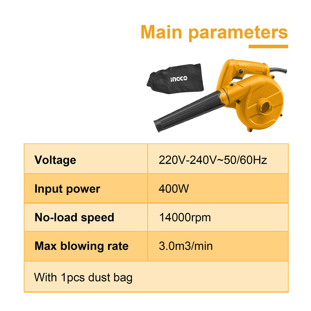 INGCO 400W Aspirator Blower with 2-in-1 Function of Blowing and Vacuuming AB4018