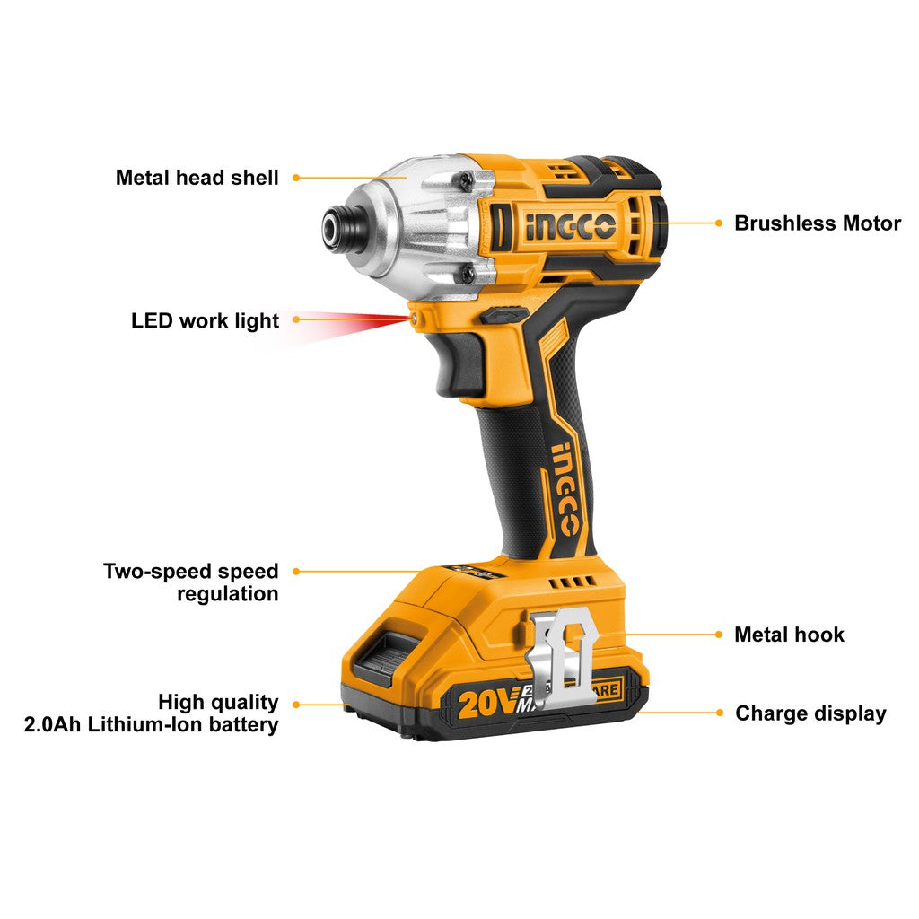 INGCO 20V Brushless Lithium-Ion Impact Driver with 2Pcs 2.0Ah Battery Pack 1Pcs Charger 1/4 Inch 170NM CIRLI2002