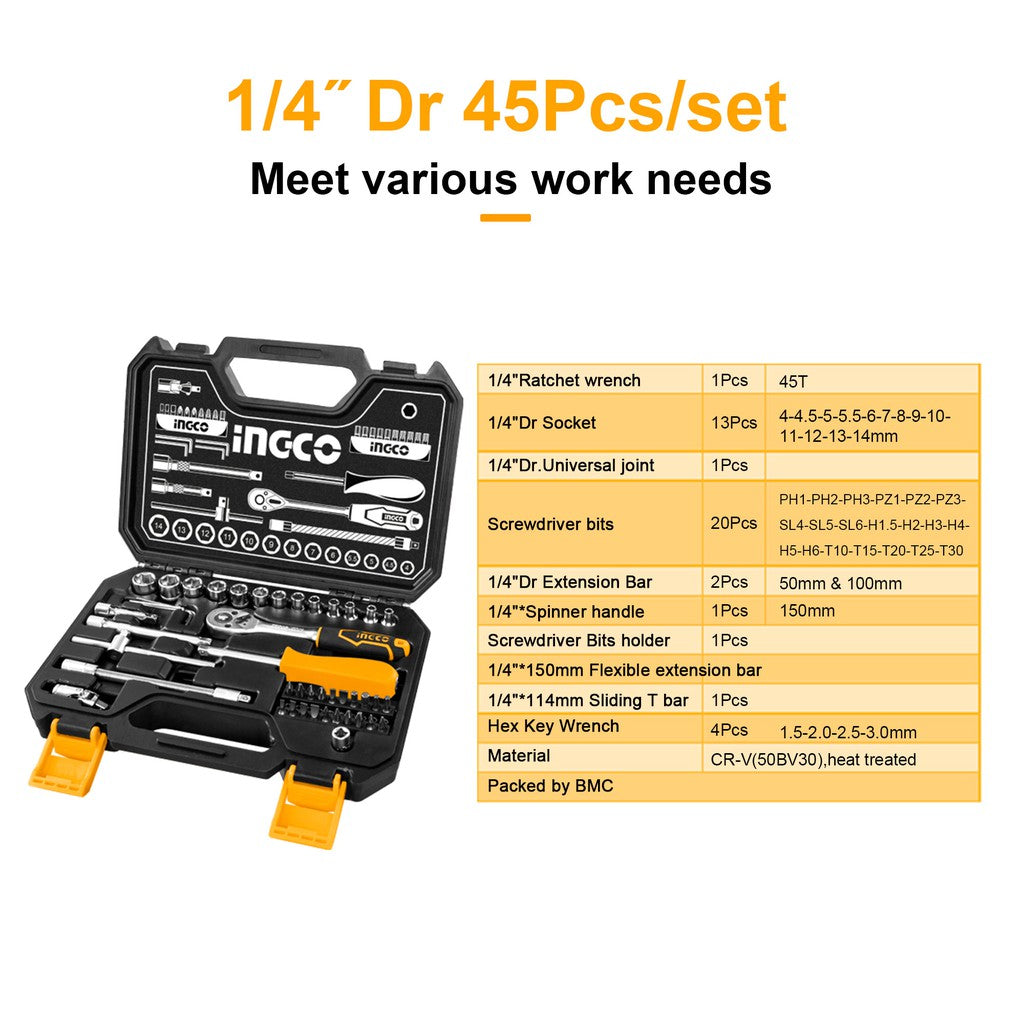 INGCO 45 pcs 1/4" Socket Set & Screwdriver Bit Torx Ratchet Driver Case Tool Kit, Work fine with Impact Driver HKTS14451