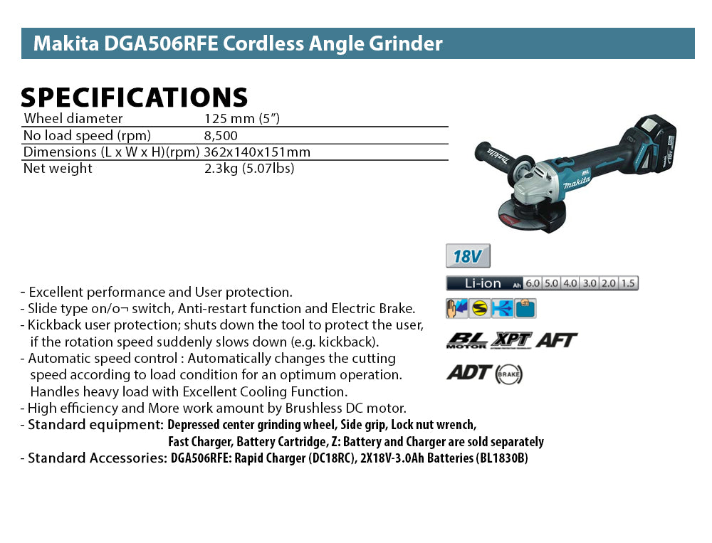 Makita DGA506RFE Cordless Angle Grinder