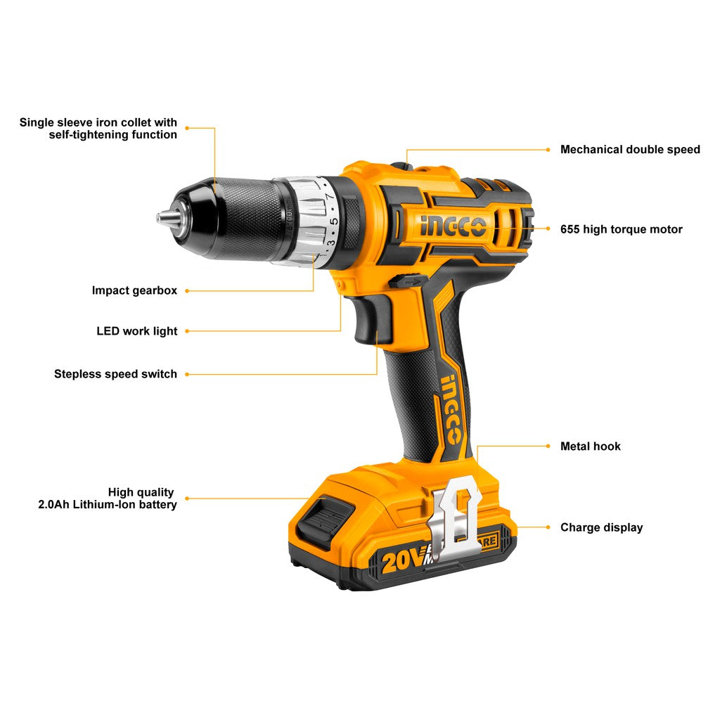 INGCO P20S 20V 2.0Ah Lithium-Ion Impact Drill with 2pcs Battery Pack, 1pc 1Hr Charger CIDLI2002