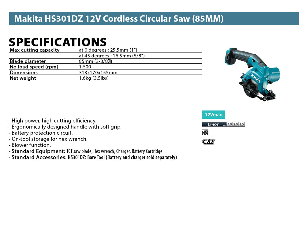 Makita HS301DZ 12V Cordless Circular Saw (85MM)