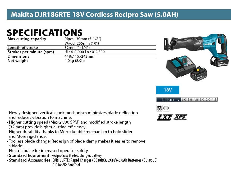 Makita DJR186RTE 18V Cordless Recipro Saw (5.0AH)