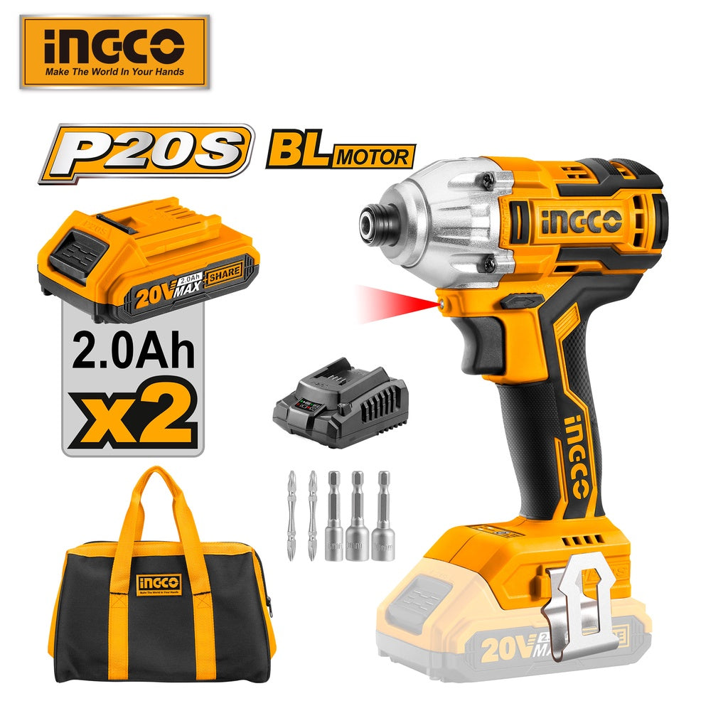 INGCO 20V Brushless Lithium-Ion Impact Driver with 2Pcs 2.0Ah Battery Pack 1Pcs Charger 1/4 Inch 170NM CIRLI2002