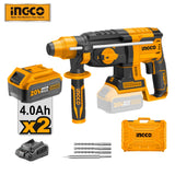 INGCO 20V Brushless Lithium-ion Rotary Hammer Drill CRHLI202287 with 3pcs Drill Bits, 1pcs Chisel, Batteries, Charger