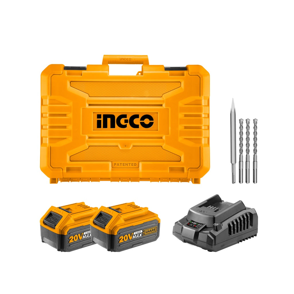 INGCO 20V Brushless Lithium-ion Rotary Hammer Drill CRHLI202287 with 3pcs Drill Bits, 1pcs Chisel, Batteries, Charger