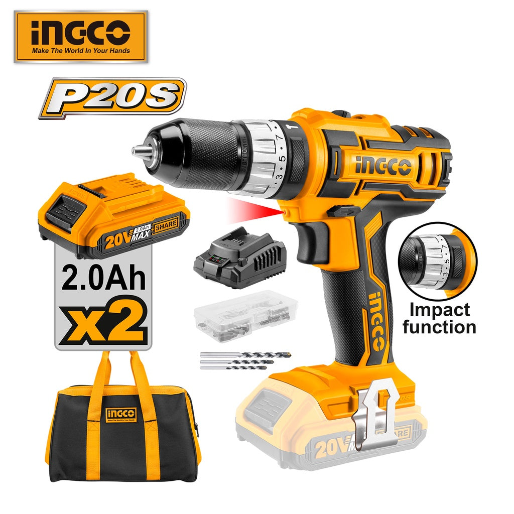 INGCO P20S 20V 2.0Ah Lithium-Ion Impact Drill with 2pcs Battery Pack, 1pc 1Hr Charger CIDLI2002