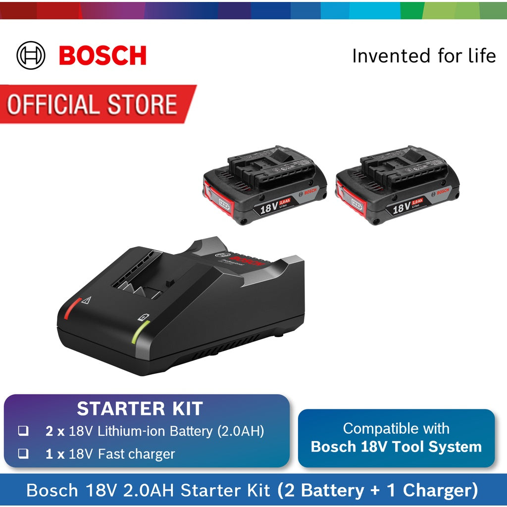 Bosch 18V 2.0AH Starter Kit (2pc 18V 2.0AH Battery + 1pc Fast Charger) |  1 Year Local Warranty