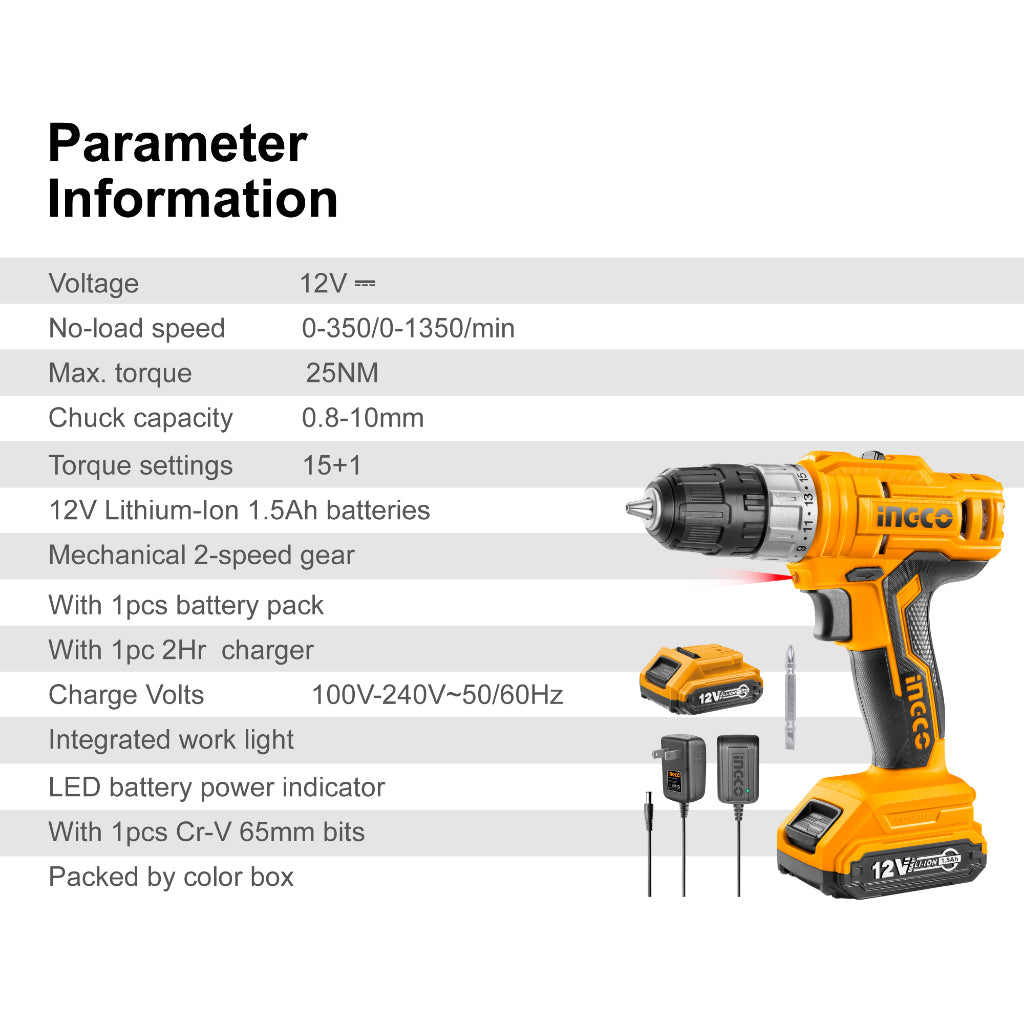 INGCO 12V 25NM Cordless Lithium-ion Drill with 1pcs Li-ion Battery, 1pc 2Hr charger, 1pcs Cr-V 65mm Bits CDLI1221