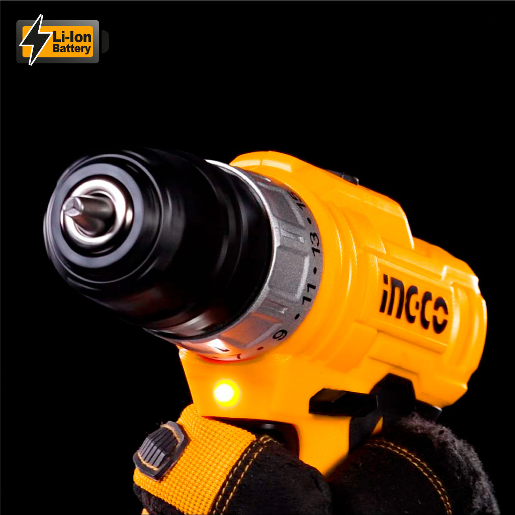 INGCO 12V 25NM Cordless Lithium-ion Drill with 1pcs Li-ion Battery, 1pc 2Hr charger, 1pcs Cr-V 65mm Bits CDLI1221