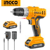 INGCO 12V 25NM Cordless Lithium-ion Drill with 1pcs Li-ion Battery, 1pc 2Hr charger, 1pcs Cr-V 65mm Bits CDLI1221