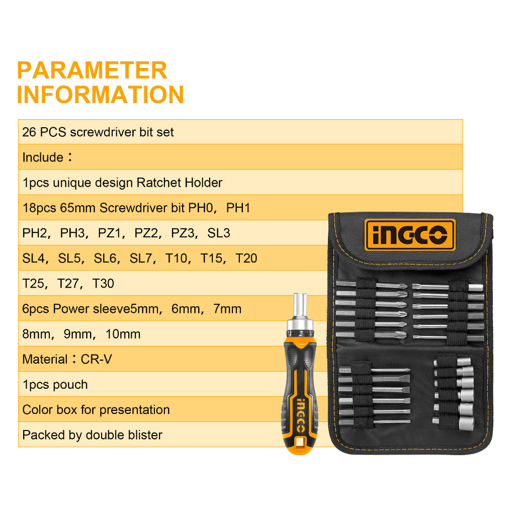 INGCO 26 Pcs Screwdriver Bit Set HKSDB0268