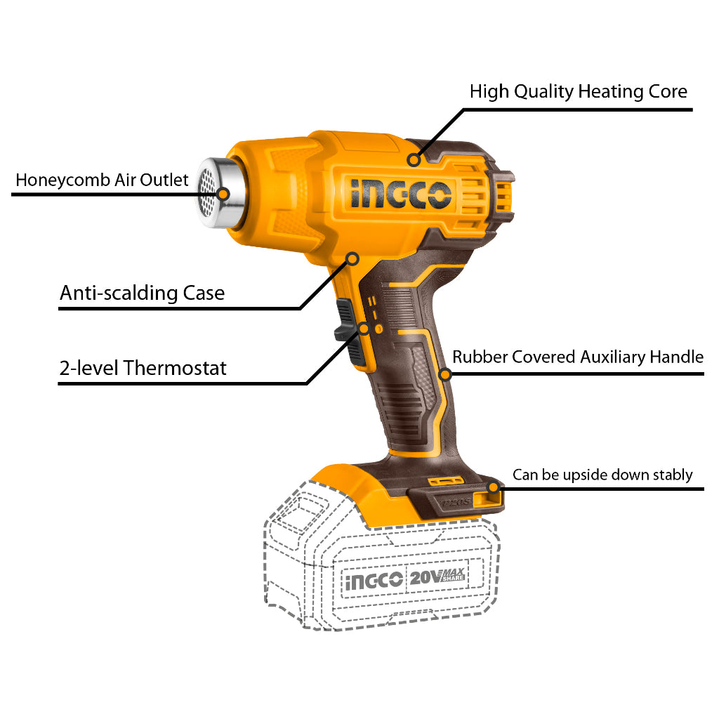 INGCO 20V Lithium-Ion Heat Gun HGLI20025 with 4.0Ah Battery and Charger (Old Version & New Version were send randomly)