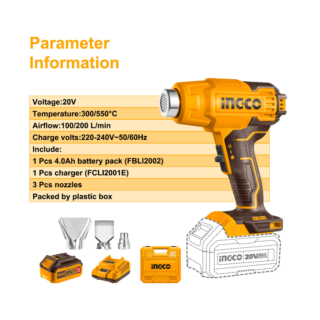 INGCO 20V Lithium-Ion Heat Gun HGLI20025 with 4.0Ah Battery and Charger (Old Version & New Version were send randomly)