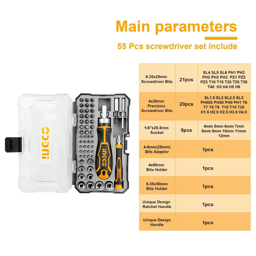 INGCO 55PCS Screwdriver Bits Set with Screwdriver Bits Bits Adaptor Socket Bits Holders Style Handle HKSDB0558