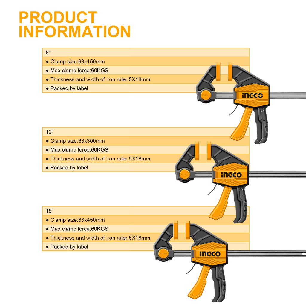 INGCO 6'' 12'' 18 '' Quick Bar Clamps HQBC01601, HQBC01602, HQBC01603