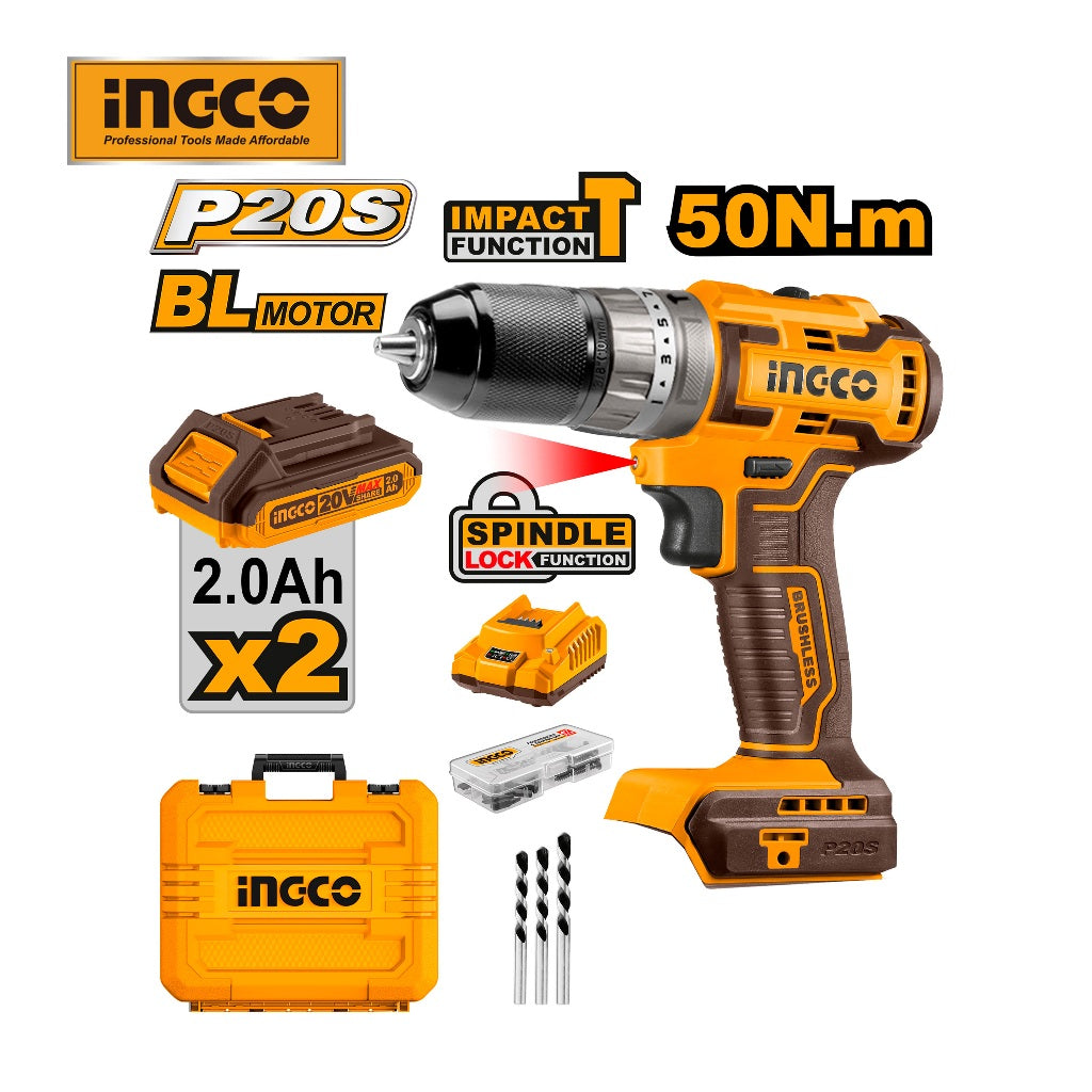 INGCO Lithium-Ion Brushless Impact Drill CIDLI20508 with Battery and Charger 47 Pcs Accessories