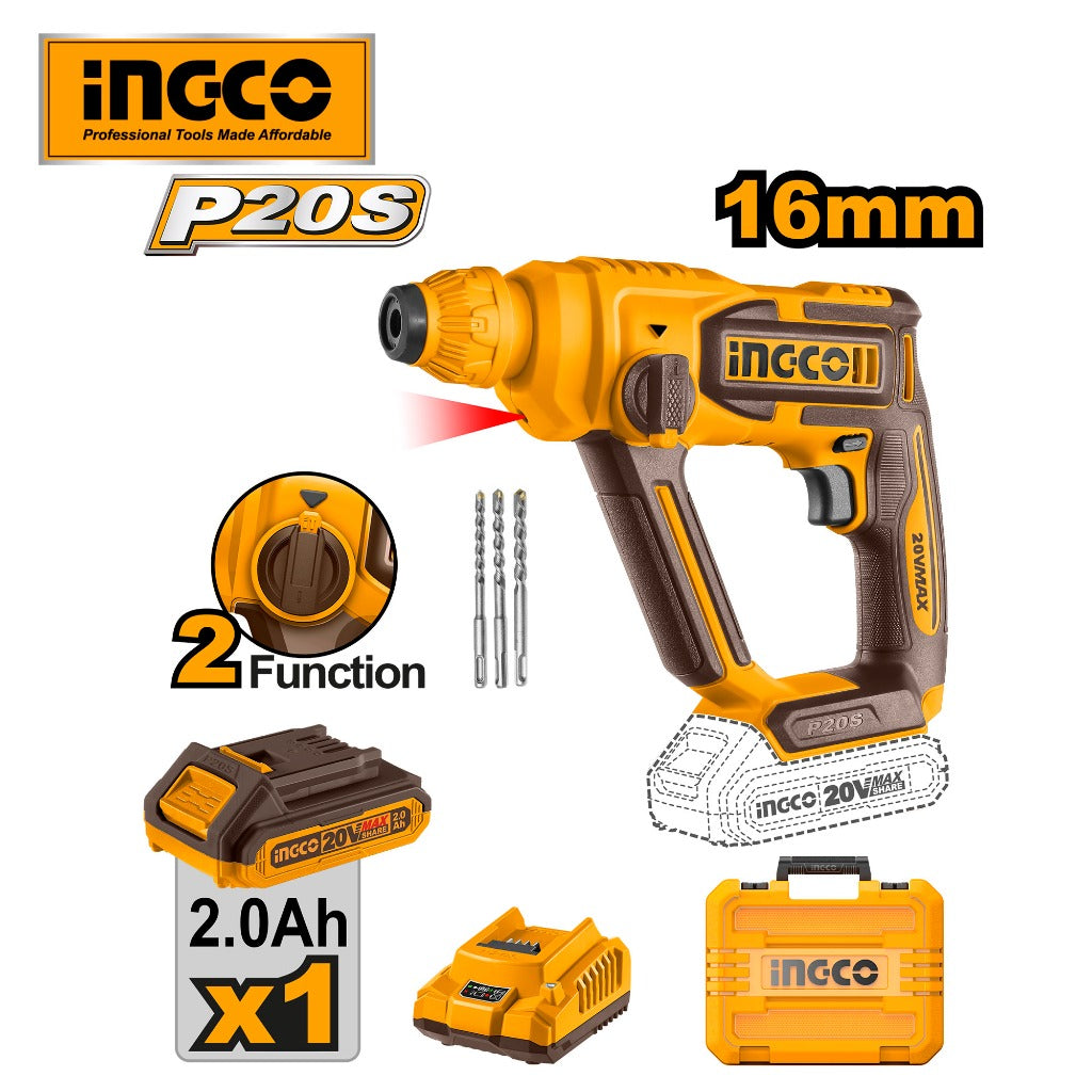 INGCO 20V Lithium-Ion Rotary Hammer Drill Set CRHLI201681 with Battery and Charger