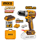 INGCO 20V Lithium-Ion Brushless Cordless Drill CDLI20602 with 2pcs Batteries and 1pcs Charger