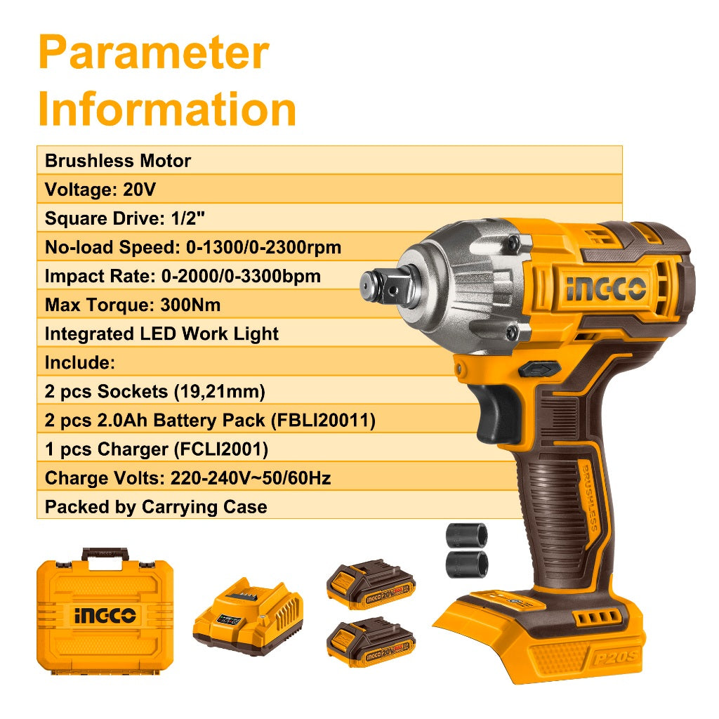 INGCO 20V Lithium-Ion Impact Wrench CIWLI2038 with Battery and Charger