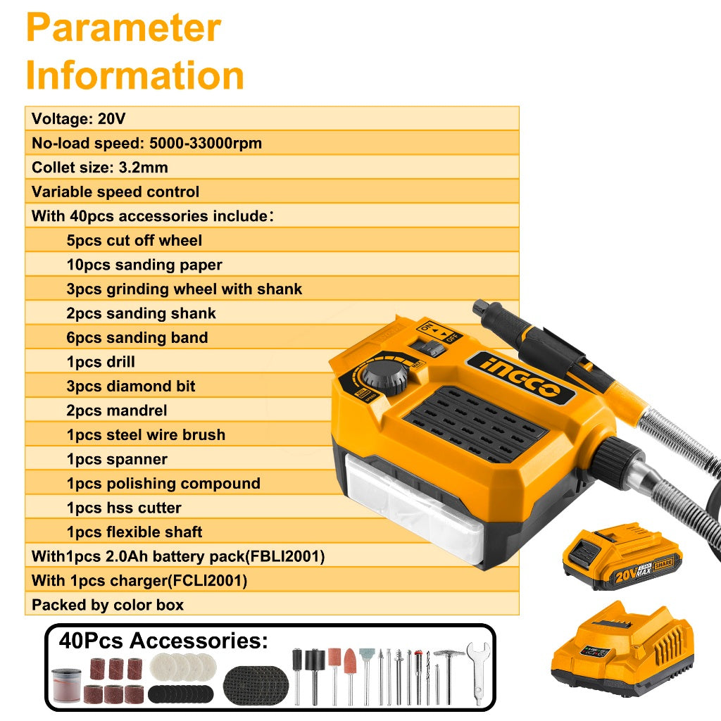 INGCO 20V Lithium-ion Grinder Variable Speed Control with 40pcs Accessories CMGLI20011