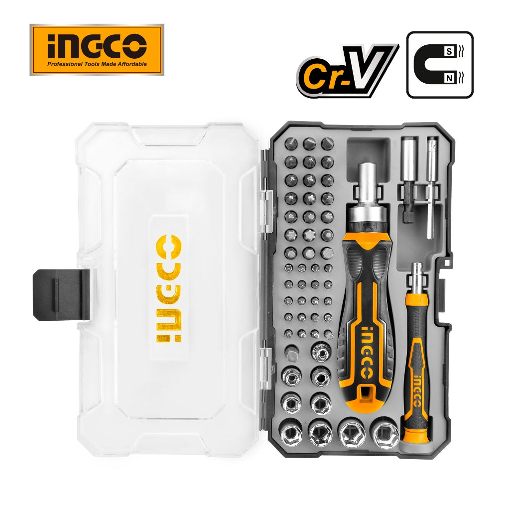 INGCO 55PCS Screwdriver Bits Set with Screwdriver Bits Bits Adaptor Socket Bits Holders Style Handle HKSDB0558