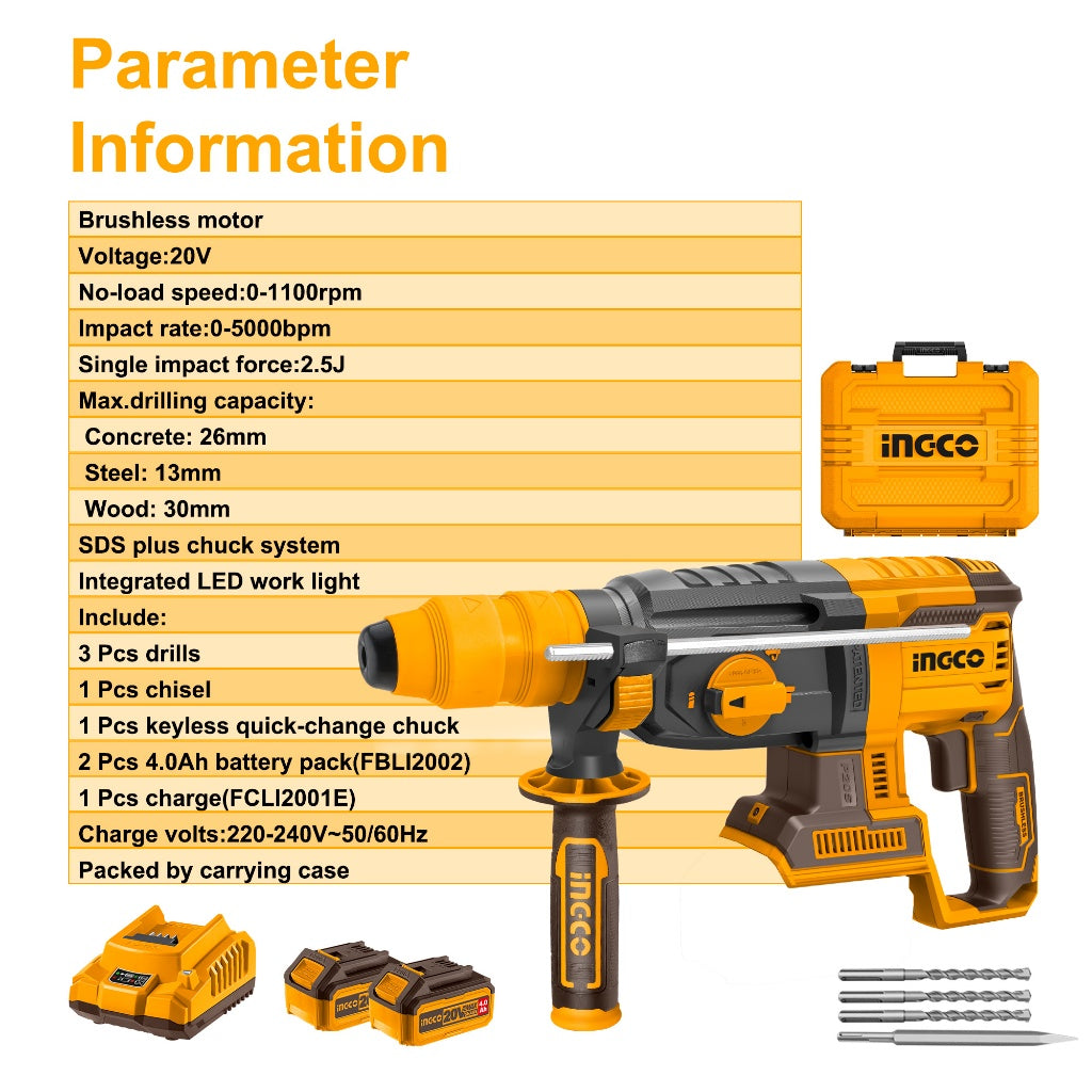 INGCO 20V Lithium-Ion Rotary Hammer Set CRHLI202289 with Battery and Charger