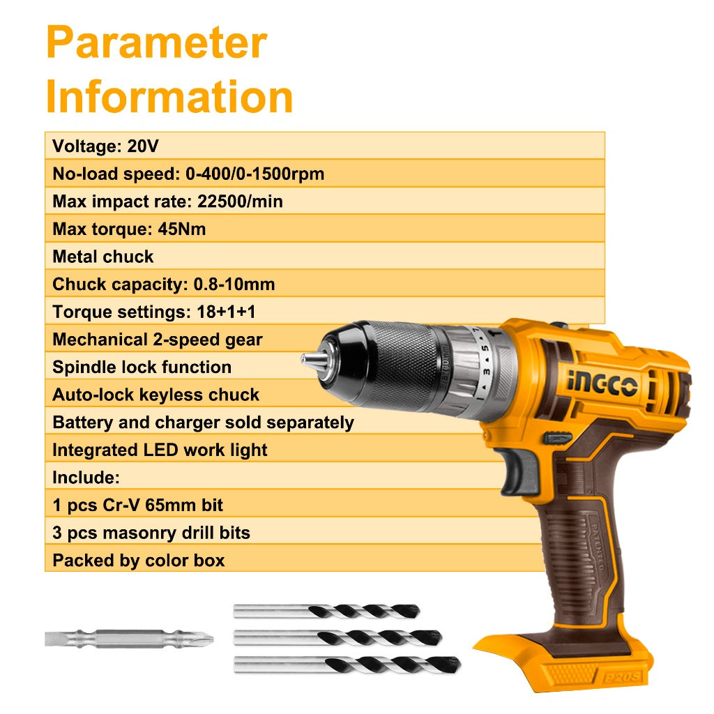 INGCO 20V Lithium-Ion Impact Drill (Bare Unit) CIDLI201455